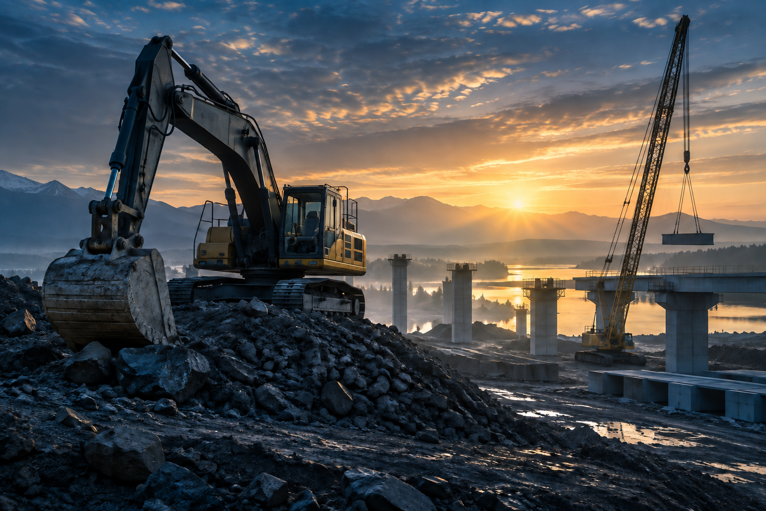 Heavy equipment and cranes at an infrastructure project at sunrise
