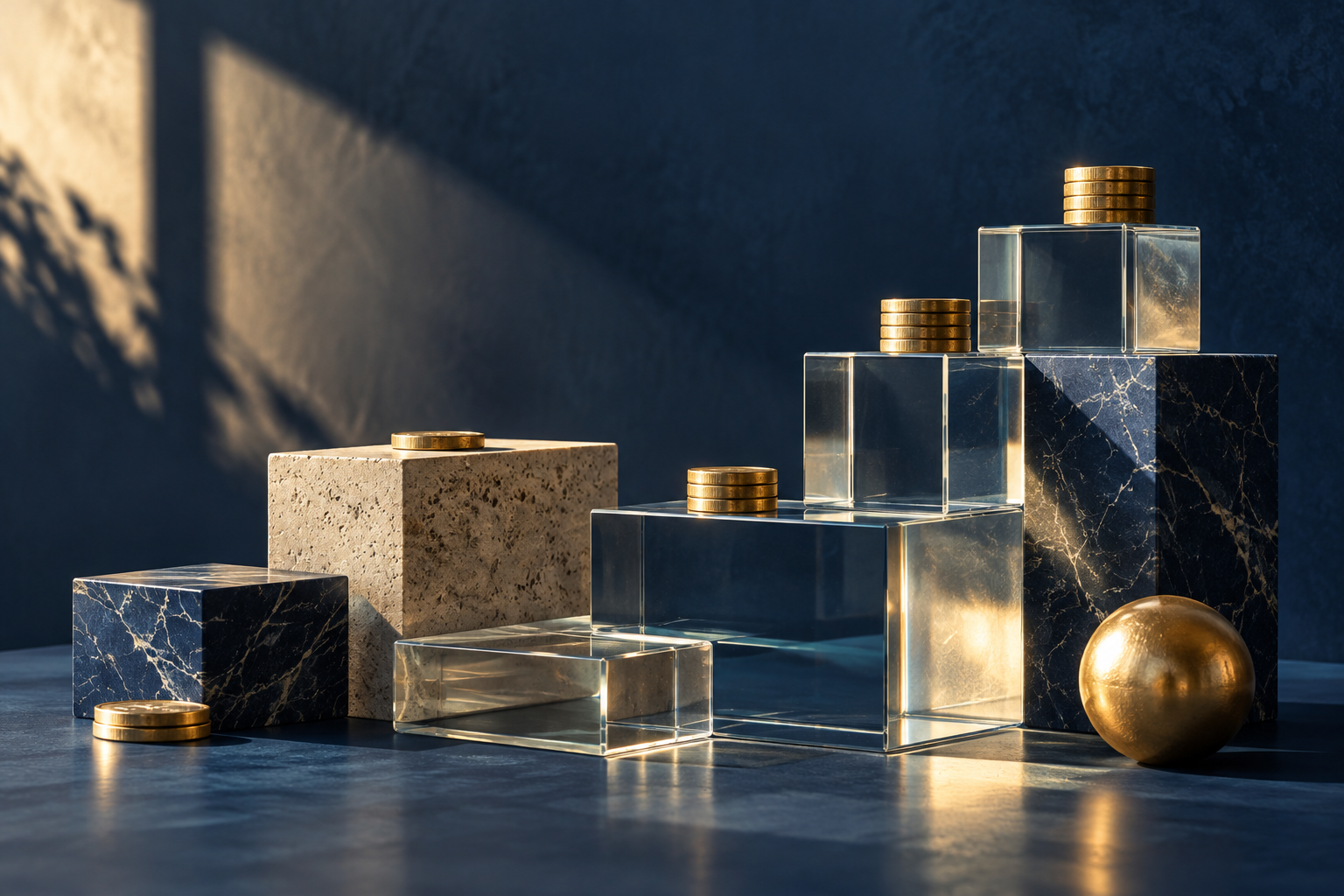 Artistic arrangement of glass steps and coins representing financing