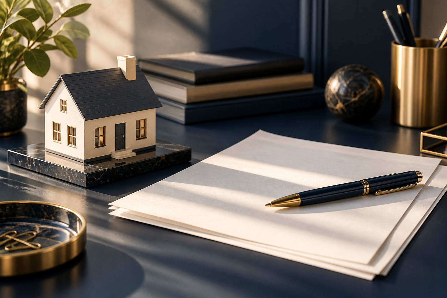 Artistic still life of a house model and loan-planning paperwork