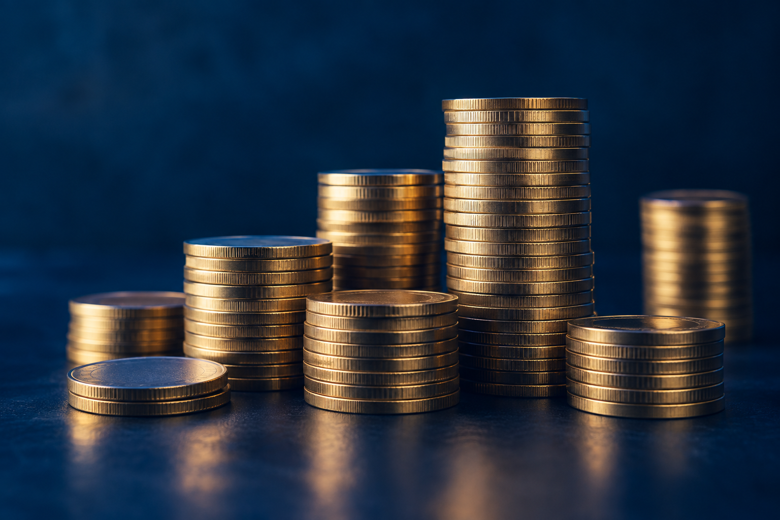 Artistic close-up of coin stacks in warm reflected light