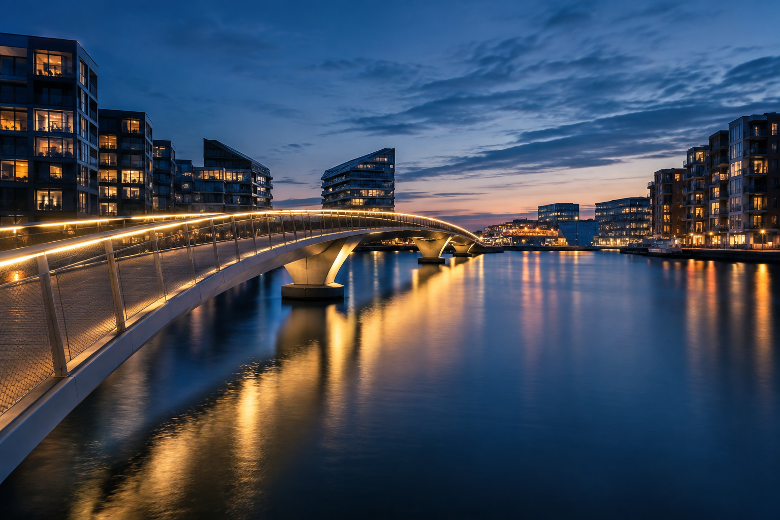 An illuminated waterfront bridge, representing connection and communication