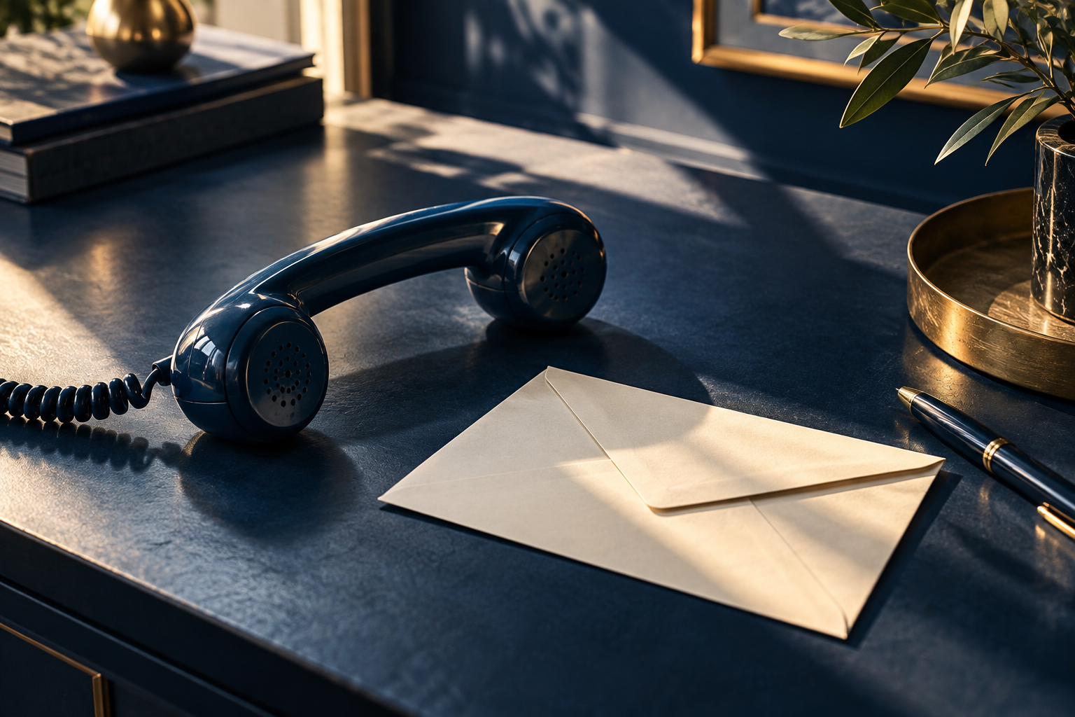 Artistic still life of a telephone and envelope, representing client support