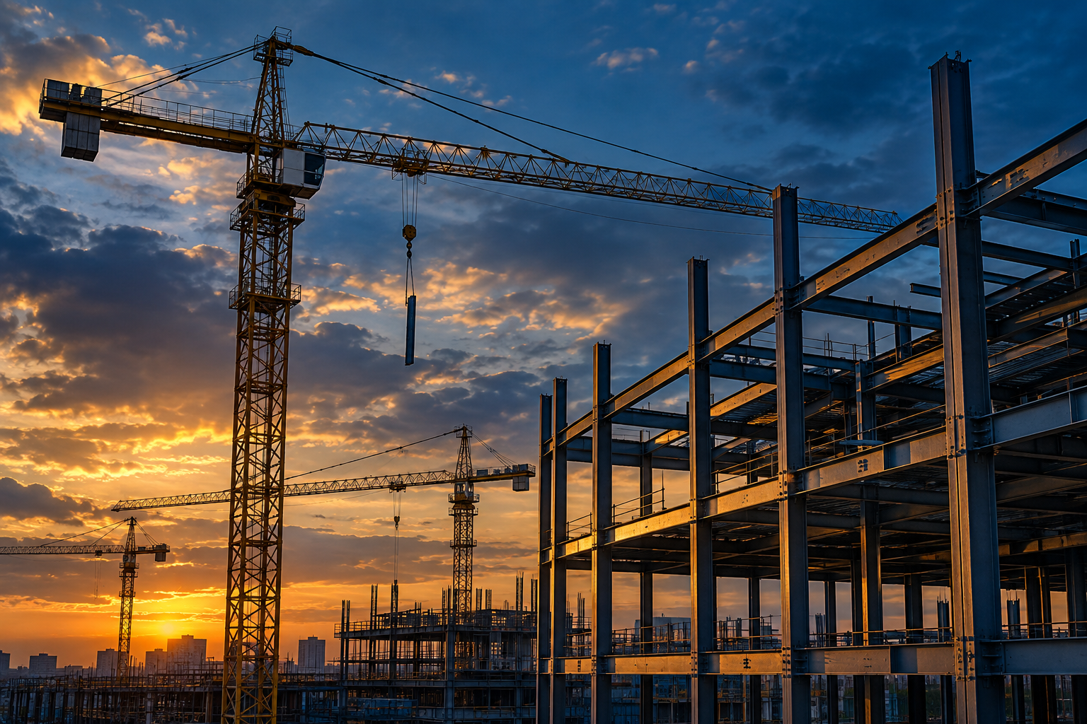 Tower cranes and structural steel framework against a dramatic dusk sky