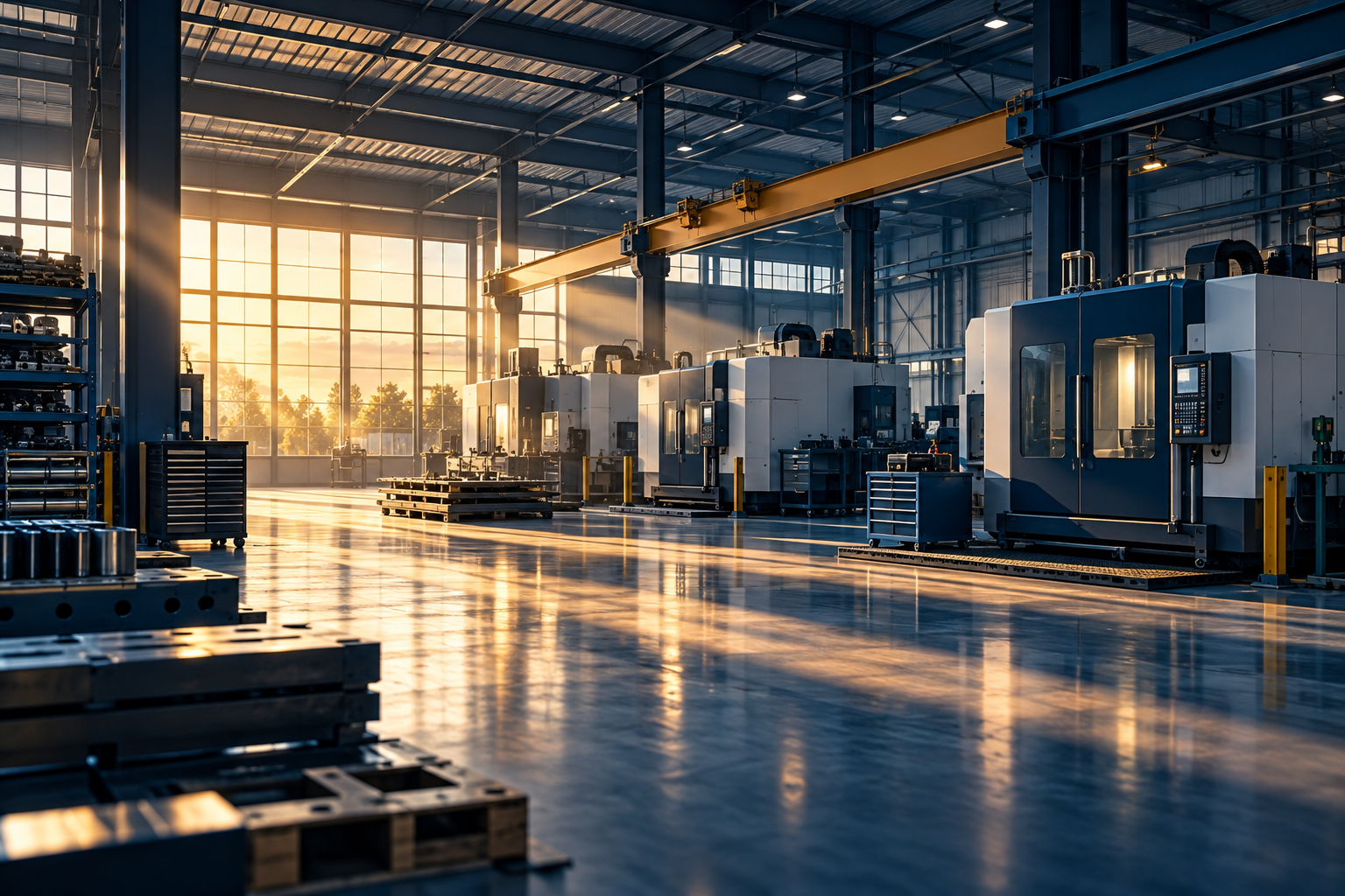 Artistic photograph of an industrial workshop with machinery and sunlight