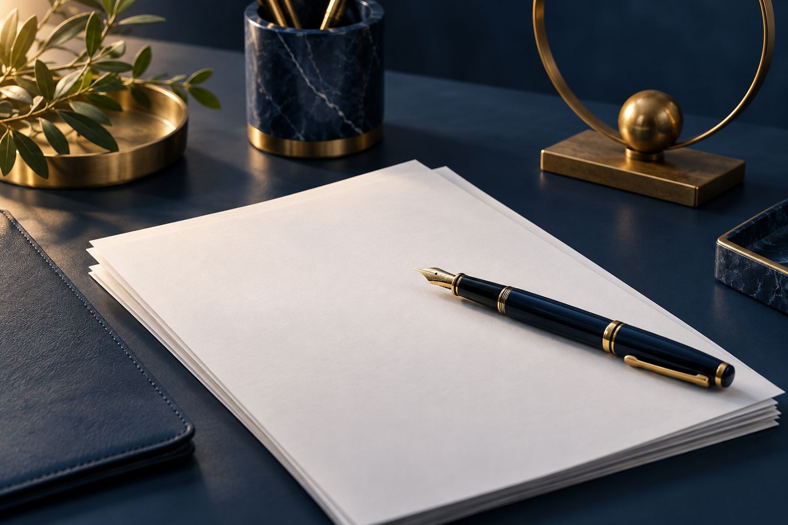 Artistic still life of a fountain pen and blank loan application paperwork