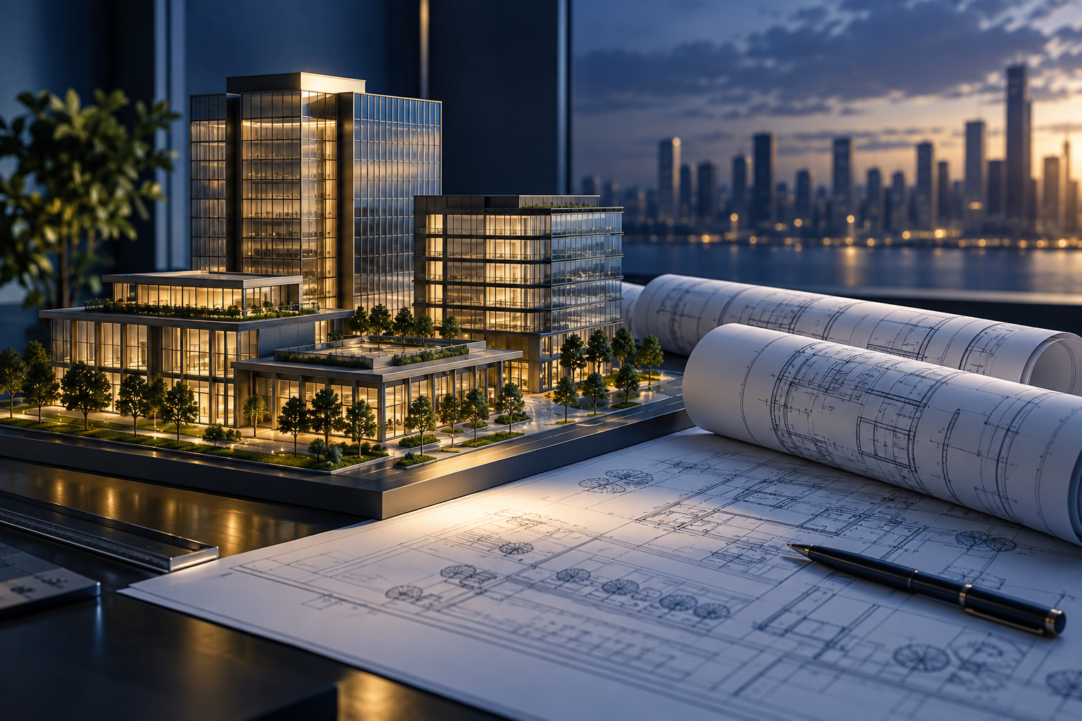 Architectural scale model and rolled blueprints in dramatic side light
