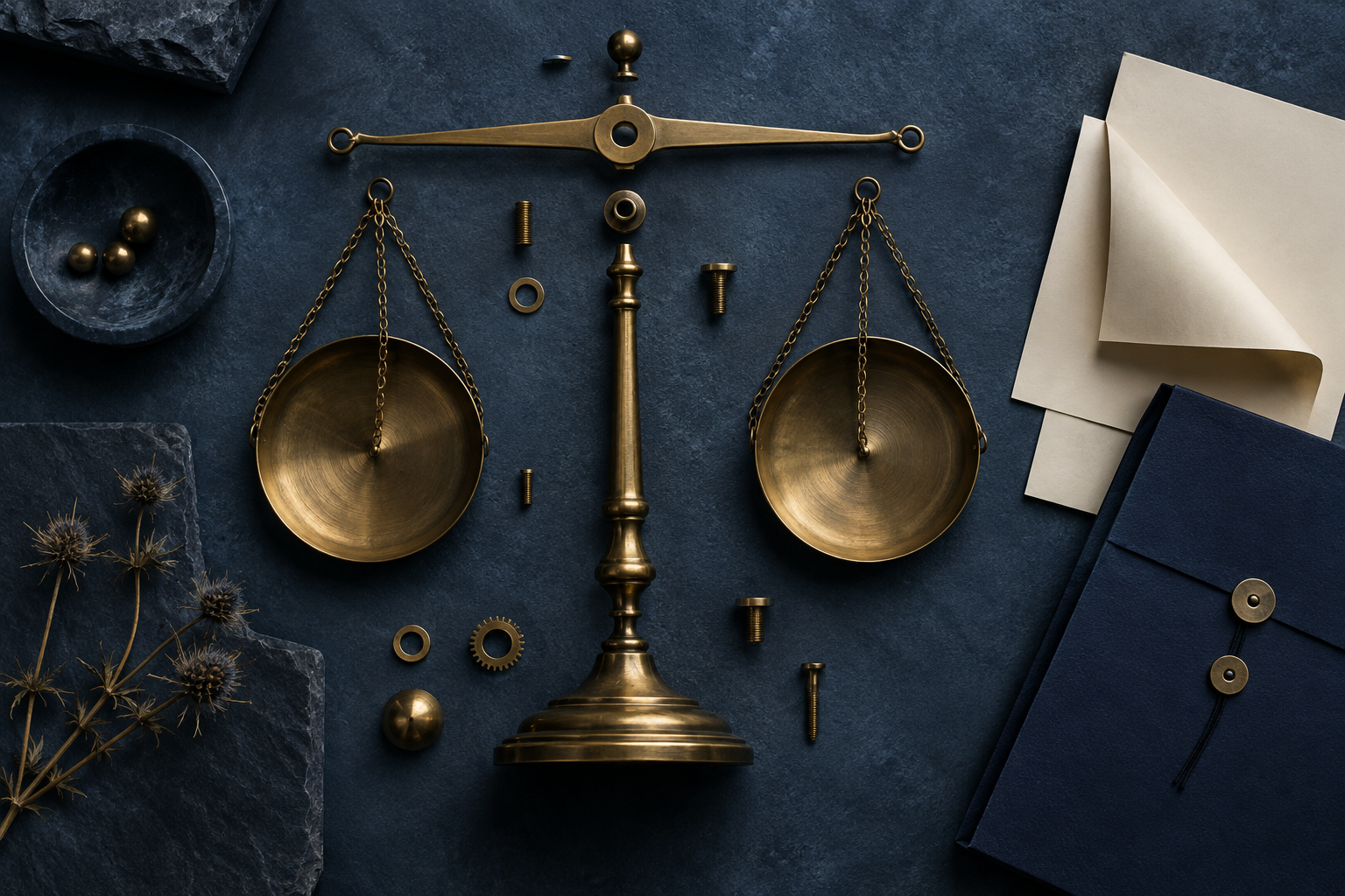 Artistic arrangement of brass balance scales, blank paper and a navy document folder