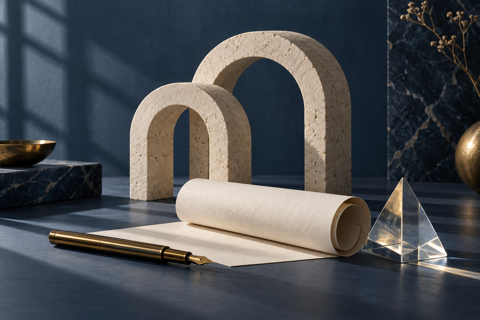 Sculptural limestone arches, ivory paper, brass pen and glass prism on a navy table